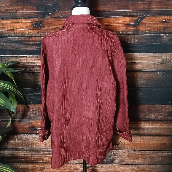 NEW Drapers & Damons Top Blouse 2X Burgundy Wine Crinkle Button Up Cuffed Sleeve - Picture 5 of 10